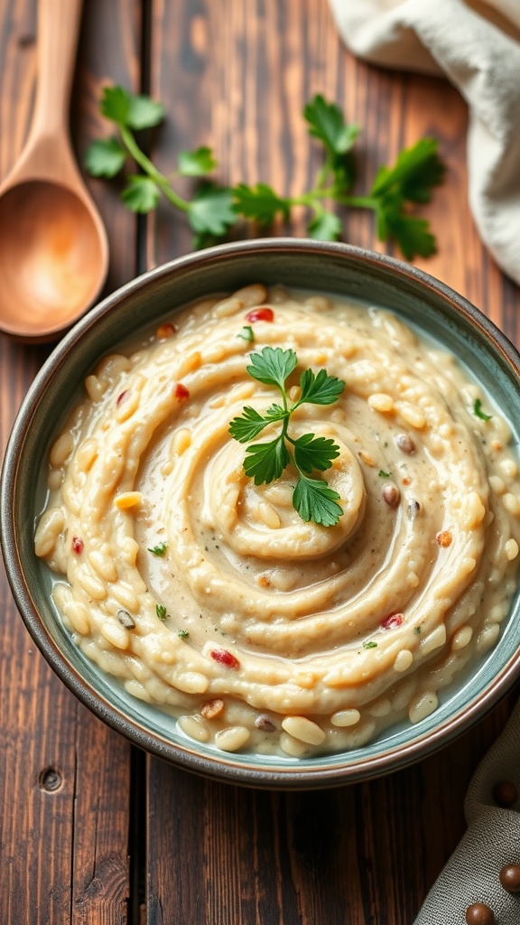 A bowl of creamy five-grain risotto garnished with parsley on a rustic table.